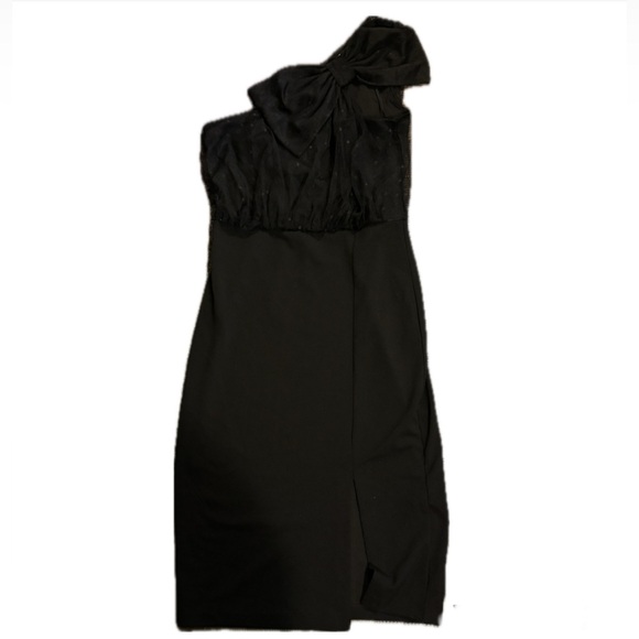 Express Black Mesh Polka Dot One Shoulder Bow Midi Sheath Dress size M - Picture 5 of 14